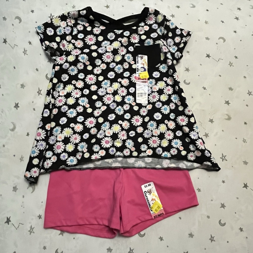 Garanimals Shorts Set 3T Black Shirt With Daisies Pink Shorts